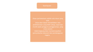 Kesimpulan
Dasar penswastaan adalah satu dasar yang
baik.
Ianya akan dapat menyediakan satu
perkhidmatan yang lebih cekap, cepat dan
murah pada pengguna‐penggunanya, yang
mana secara
tidak langsung akan mempercepatkan
pertumbuhan ekonomi dan pembangunan
negara.
 
