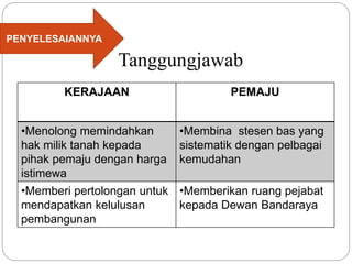 Tanggungjawab
KERAJAAN PEMAJU
•Menolong memindahkan
hak milik tanah kepada
pihak pemaju dengan harga
istimewa
•Membina stesen bas yang
sistematik dengan pelbagai
kemudahan
•Memberi pertolongan untuk
mendapatkan kelulusan
pembangunan
•Memberikan ruang pejabat
kepada Dewan Bandaraya
PENYELESAIANNYA
 