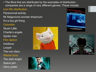  The films that are distributed by the examples of distribution
companies are a range of very different genres. These include:
Icon film distribution
Paranormal activity
Mr Magoriums wonder emporium
It’s a boy girl thing
Columbia
Stuart Little
Charlie’s angels
Spider man
Film district
Insidious
Looper
The rum diary
Warner bros
The dark knight
Space jam
Harry potter
 