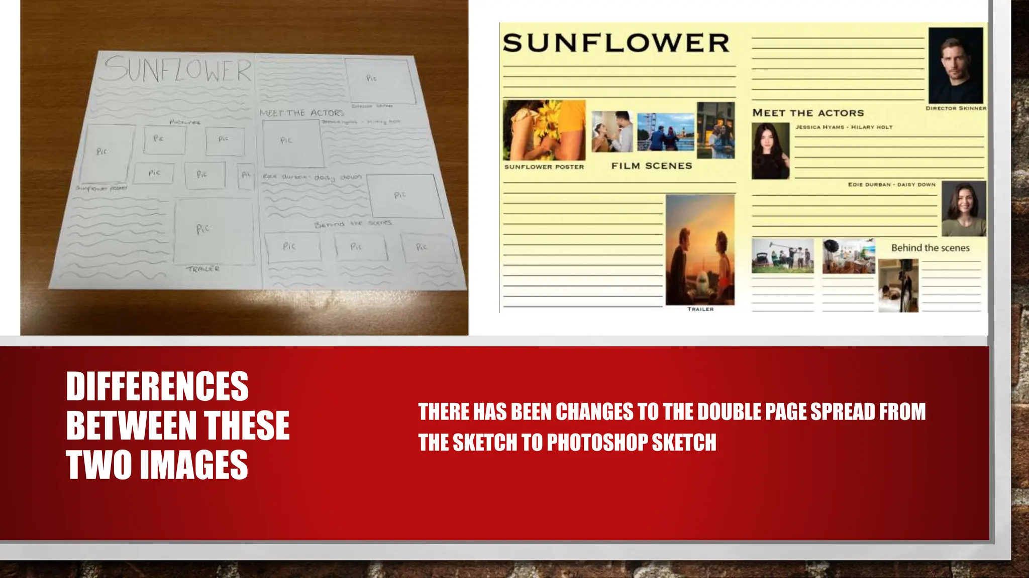 DIFFERENCES
BETWEEN THESE
TWO IMAGES
• THERE HAS BEEN CHANGES TO THE DOUBLE PAGE SPREAD FROM
THE SKETCH TO PHOTOSHOP SKETCH
 