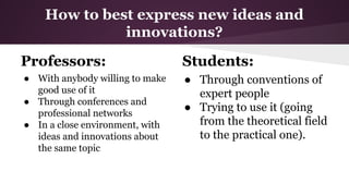 How to best express new ideas and
innovations?
Professors:

Students:

● With anybody willing to make
good use of it
● Through conferences and
professional networks
● In a close environment, with
ideas and innovations about
the same topic

● Through conventions of
expert people
● Trying to use it (going
from the theoretical field
to the practical one).

 
