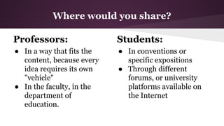 Where would you share?
Professors:

Students:

● In a way that fits the
content, because every
idea requires its own
"vehicle"
● In the faculty, in the
department of
education.

● In conventions or
specific expositions
● Through different
forums, or university
platforms available on
the Internet

 