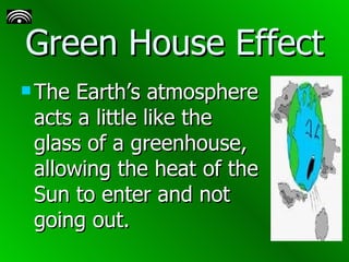 Green House Effect The Earth’s atmosphere acts a little like the glass of a greenhouse, allowing the heat of the Sun to enter and not going out. 