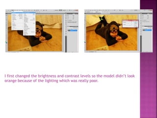 I first changed the brightness and contrast levels so the model didn’t look
orange because of the lighting which was really poor.
 