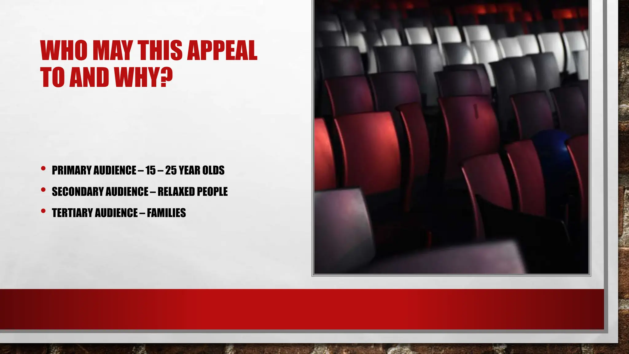 WHO MAY THIS APPEAL
TO AND WHY?
• PRIMARY AUDIENCE – 15 – 25 YEAR OLDS
• SECONDARY AUDIENCE – RELAXED PEOPLE
• TERTIARY AUDIENCE – FAMILIES
 