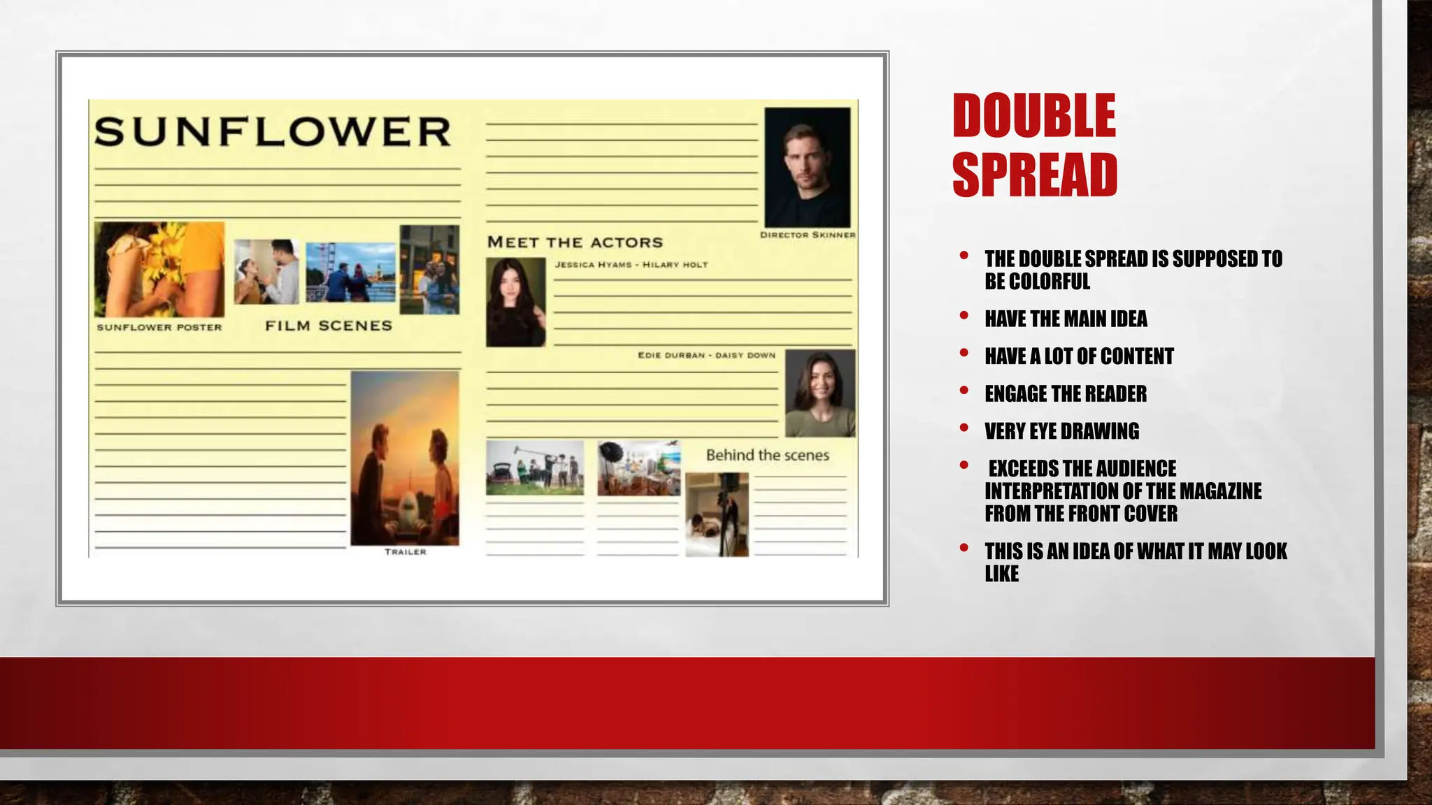DOUBLE
SPREAD
• THE DOUBLE SPREAD IS SUPPOSED TO
BE COLORFUL
• HAVE THE MAIN IDEA
• HAVE A LOT OF CONTENT
• ENGAGE THE READER
• VERY EYE DRAWING
• EXCEEDS THE AUDIENCE
INTERPRETATION OF THE MAGAZINE
FROM THE FRONT COVER
• THIS IS AN IDEA OF WHAT IT MAY LOOK
LIKE
 