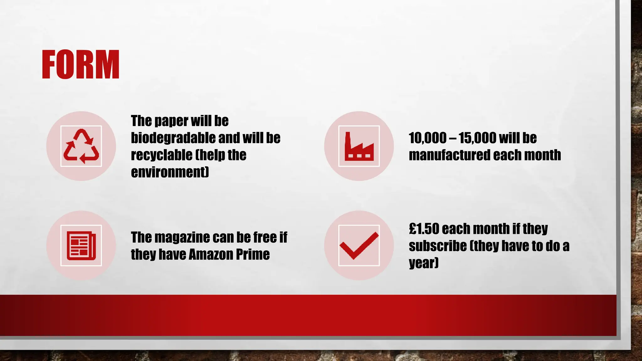 FORM
The paper will be
biodegradable and will be
recyclable (help the
environment)
10,000 – 15,000 will be
manufactured each month
The magazine can be free if
they have Amazon Prime
£1.50 each month if they
subscribe (they have to do a
year)
 