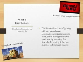 What is
   Distribution?

Distribution Companies and   • Distribution is the act of getting
        what they do           a film to an audience.
                               Distribution companies acquire
                               films, either through their own
                               studios or by attending film
                               festivals, depending if they are
                               major or independent studios.
 