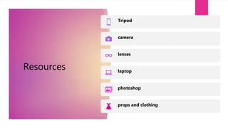 Resources
Tripod
camera
lenses
laptop
photoshop
props and clothing
 