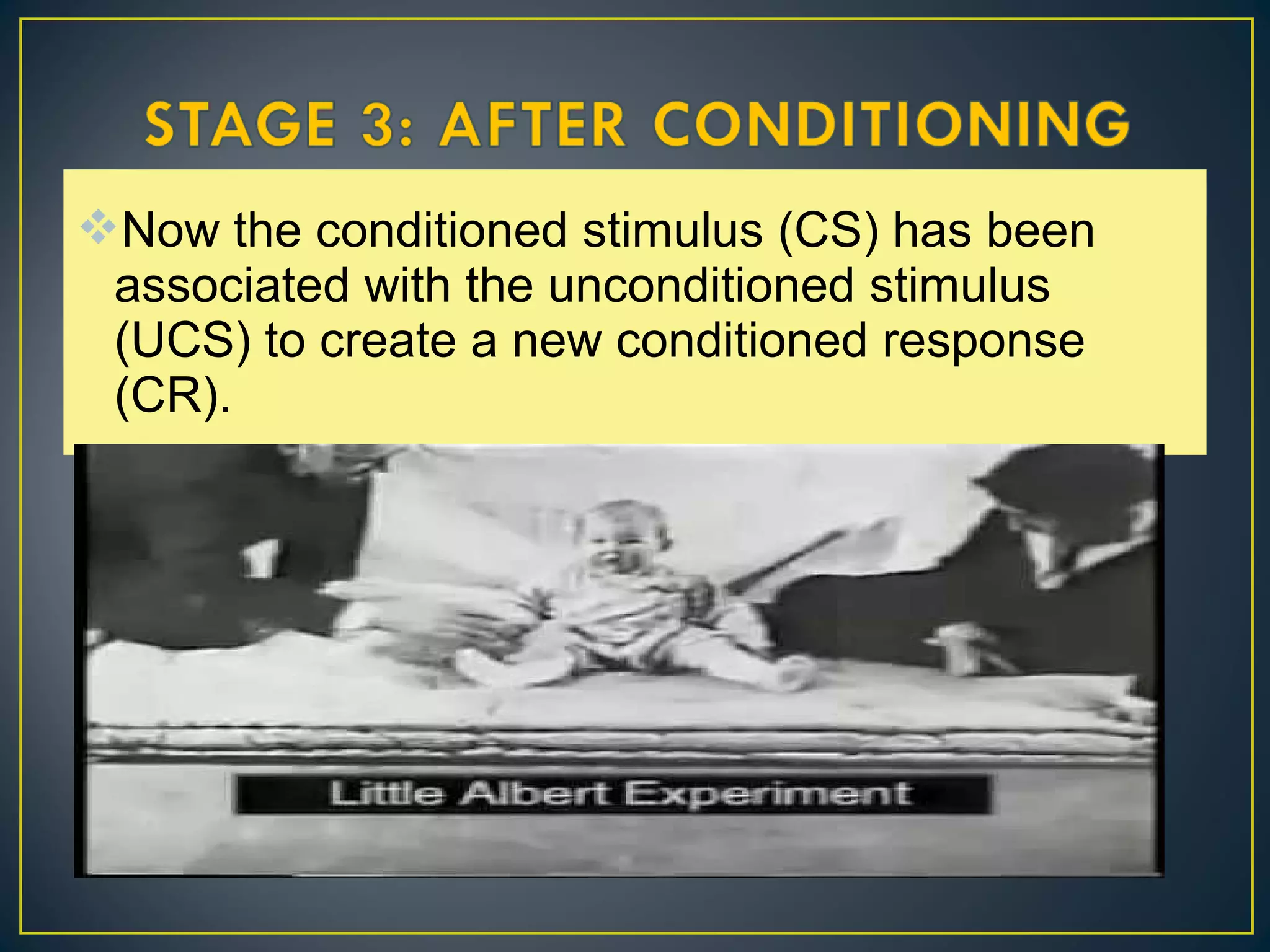 Now the conditioned stimulus (CS) has been
associated with the unconditioned stimulus
(UCS) to create a new conditioned response
(CR).
 