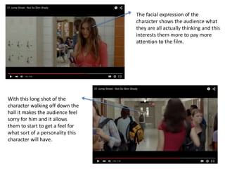 The facial expression of the
character shows the audience what
they are all actually thinking and this
interests them more to pay more
attention to the film.
With this long shot of the
character walking off down the
hall it makes the audience feel
sorry for him and it allows
them to start to get a feel for
what sort of a personality this
character will have.
 