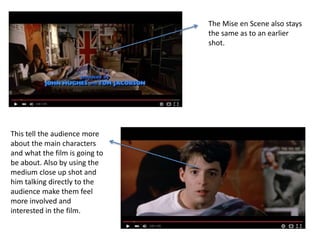 The Mise en Scene also stays
the same as to an earlier
shot.
This tell the audience more
about the main characters
and what the film is going to
be about. Also by using the
medium close up shot and
him talking directly to the
audience make them feel
more involved and
interested in the film.
 