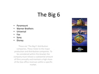 The Big 6
•   Paramount
•   Warner Brothers
•   Universal
•   Fox
•   Sony
•   Disney

       These are ‘The Big 6’ distribution
    companies. These relate to the major
 production and distribution companies. To
    be considered within this bracket the
company must release a substantial amount
 of films annually and maintain a high share
 of the box-office revenues within a specific
                    market.
 