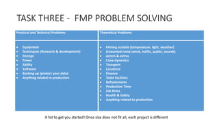 TASK THREE - FMP PROBLEM SOLVING
Practical and Technical Problems
 Equipment
 Techniques (Research & development)
 Storage
 Power
 Ability
 Software
 Backing up (protect your data)
 Anything related to production
Theoretical Problems
 Filming outside (temperature, light, weather)
 Unwanted noise (wind, traffic, public, sounds)
 Actors & extras
 Crew dynamics
 Transport
 Locations
 Finance
 Toilet facilities
 Refreshments
 Production Time
 Job Roles
 Health & Safety
 Anything related to production
A list to get you started! Once size does not fit all, each project is different
 