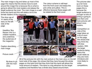 Headline ‘Boy Racers’ this is a childish headline and underlines the audiences of the magazine. The drop cap of ‘H’ starts of the story on the left side of the page The main image is big and takes up most of the page this means that the stories have to work around the image this is because this is what is going to attract the most readers and please the target audience the most. The main image is a well know boy band and this will relate a lot to the female readers of the magazine. All of the pictures link with the main picture or the main story on the left hand side of the page, this shows that they have focused the whole pages on this band and that they think that this band will attract the most amount of readers. This band is a big attraction for the target audience and therefore has a whole story based around them. By-lines to go with the main story Caption describing main image Picture credit Competition on side of the page takes up a lot of room on the page, this shows that they think this will draw readers. With the target audience being teens this could relate as they are more immature and more likely to enter competitions. The colour scheme is still kept from the front cover and keeps the pink white and yellow. This is effective because these pages will be related to the front cover. The pictures take up a lot more room on these pages this is because the target audience is younger so lots of writing is going to bore them and more pictures will attract more readers. 