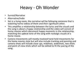 Heavy - Oh Wonder
• Surreal/Narrative
• Alternative/Indie
• Set in a living room, the narrative will be following someone that is
watching home videos of them and their significant other.
• This amplifies a relationship between the lyrics and the visuals and
the song is about a happy relationship and the video will consist of
home movies which document happy moments in the relationship,
matching the upbeat tone of the song with nostalgic visuals of a
home movie.
• Camera movements will mostly involved hand-held movements for
the home movies style but will also include tracking and panning and
camera shots will include close ups, midshots, wideshots, two shots
and point of view shots which will be edited to fit the pacing of the
song.
 