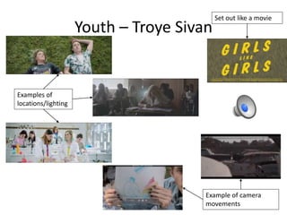 Youth – Troye Sivan
Set out like a movie
Examples of
locations/lighting
Example of camera
movements
 