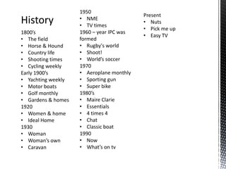 1950
                                          Present
History             • NME
                    • TV times
                                          • Nuts
                                          • Pick me up
1800’s              1960 – year IPC was
                                          • Easy TV
• The field         formed
• Horse & Hound     • Rugby's world
• Country life      • Shoot!
• Shooting times    • World’s soccer
• Cycling weekly    1970
Early 1900’s        • Aeroplane monthly
• Yachting weekly   • Sporting gun
• Motor boats       • Super bike
• Golf monthly      1980’s
• Gardens & homes   • Maire Clarie
1920                • Essentials
• Women & home      • 4 times 4
• Ideal Home        • Chat
1930                • Classic boat
• Woman             1990
• Woman’s own       • Now
• Caravan           • What’s on tv
 
