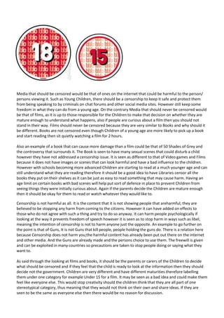 Media that should be censored would be that of ones on the internet that could be harmful to the person/
persons viewing it. Such as Young Children, there should be a censorship to keep it safe and protect them
from being speaking to by criminals on chat forums and other social media sites. However still keep some
freedom in what they can do from a young age. On the contrary Media that should never be censored would
be that of films, as it is up to those responsible for the Children to make that decision on whether they are
mature enough to understand what happens, also if people are curious about a film then you should not
stand in their way. Films should never be censored because they are very similar to Books and why should it
be different. Books are not censored even though Children of a young age are more likely to pick up a book
and start reading then sit quietly watching a film for 2 hours.
Also an example of a book that can cause more damage than a film could be that of 50 Shades of Grey and
the controversy that surrounds it. The Book is seen to have many sexual scenes that could disturb a child
however they have not addressed a censorship issue. It is seen as different to that of Video games and Films
because it does not have images or scenes that can look harmful and have a bad influence to the children.
However with schools becoming more advanced Children are starting to read at a much younger age and can
still understand what they are reading therefore it should be a good idea to have Libraries censor all the
books they put on their shelves as it can be just as easy to read something that may cause harm. Having an
age limit on certain books with bad scenes will help put sort of defence in place to prevent Children from
seeing things they were initially curious about. Again if the parents decide the Children are mature enough
then it should be okay for them to read or watch whatever they would like to.
Censorship is not harmful as all. It is the content that it is not showing people that areharmful; they are
believed to be stopping any harm from coming to the citizens. However it can have added on effects to
those who do not agree with such a thing and try to do so anyway. It can harm people psychologically if
looking at the way it prevents freedom of speech however it is seen as to stop harm in ways such as libel,
meaning the intention of censorship is not to harm anyone just the opposite. An example to go further on
the point is that of Guns, It is not Guns that kill people, people holding the guns do. There is a relation here
because Censorship does not harm you;the harmful content has already been put out there on the internet
and other media. And the Guns are already made and the persons choice to use them. The freewill is given
and can be exploited in many countries so precautions are taken to stop people doing or saying what they
want to.
As said through the looking at films and books, it should be the parents or carers of the Children to decide
what should be censored and if they feel that the child is ready to look at the information then they should
decide not the government. Children are very different and have different maturities therefore labelling
them under one category for example Under 15 for a film. It may be seen as a bad idea and could make them
feel like everyone else. This would stop creativity should the children think that they are all part of one
stereotypical category, thus meaning that they would not think on their own and share ideas. If they are
seen to be the same as everyone else then there would be no reason for discussion.

 