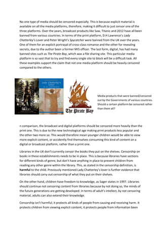 No one type of media should be censored especially. This is because explicit material is
available on all the media platforms, therefore, making it difficult to just censor one of the
three platforms. Over the years, broadcast products like Saw, Titanic and 2012 have all been
banned from various countries. In terms of the print platform, D.H Lawrence’s Lady
Chatterley’s Lover and Peter Wright’s Spycatcher were banned from the UK over the years.
One of them for an explicit portrayal of cross-class romance and the other for revealing
secrets, due to the author been a former MI5 officer. The last form, digital, has had many
banned sites such as The Pirate Bay, which was a file sharing site. This particular media
platform is so vast that to try and find every single site to block will be a difficult task. All
these examples support the claim that not one media platform should be heavily censored
compared to the others.

I

Media products that were banned/censored
out by the Governments of various countries.
Should a certain platform be censored rather
than them all?

n comparison, the broadcast and digital platforms should be censored more heavily than the
print one. This is due to the new technological age making print products less popular and
the other two more so. This would therefore mean younger children would be able to view
more explicit content, or accidently find themselves consuming this kind of content on a
digital or broadcast platform, rather than a print one.
Libraries in the UK don’t currently censor the books they put on the shelves. Censorship on
books in these establishments needs to be in place. This is because libraries have sections
for different kinds of genre, but don’t have anything in place to prevent children from
reading any other genre within the library. This, as stated in the censorship definition, is
harmful to the child. Previously mentioned Lady Chatterley’s lover is further evidence that
libraries should carry out censorship of what they put on their shelves.
On the other hand, children have freedom to knowledge, as Sager states in 1997. Libraries
should continue not censoring content from libraries because by not doing so, the minds of
the future generations are getting developed. In terms of adult’s intellect, by not censoring
material, adults can also extend their knowledge.
Censorship isn’t harmful; it protects all kinds of people from causing and receiving harm. It
protects children from viewing explicit content, it protects people from information been

 