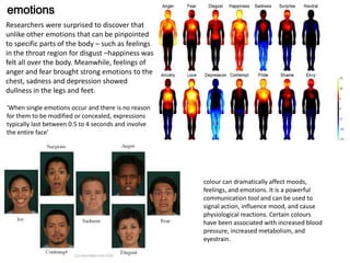 emotions
Researchers were surprised to discover that
unlike other emotions that can be pinpointed
to specific parts of the body – such as feelings
in the throat region for disgust –happiness was
felt all over the body. Meanwhile, feelings of
anger and fear brought strong emotions to the
chest, sadness and depression showed
dullness in the legs and feet.
‘When single emotions occur and there is no reason
for them to be modified or concealed, expressions
typically last between 0.5 to 4 seconds and involve
the entire face’

colour can dramatically affect moods,
feelings, and emotions. It is a powerful
communication tool and can be used to
signal action, influence mood, and cause
physiological reactions. Certain colours
have been associated with increased blood
pressure, increased metabolism, and
eyestrain.

 