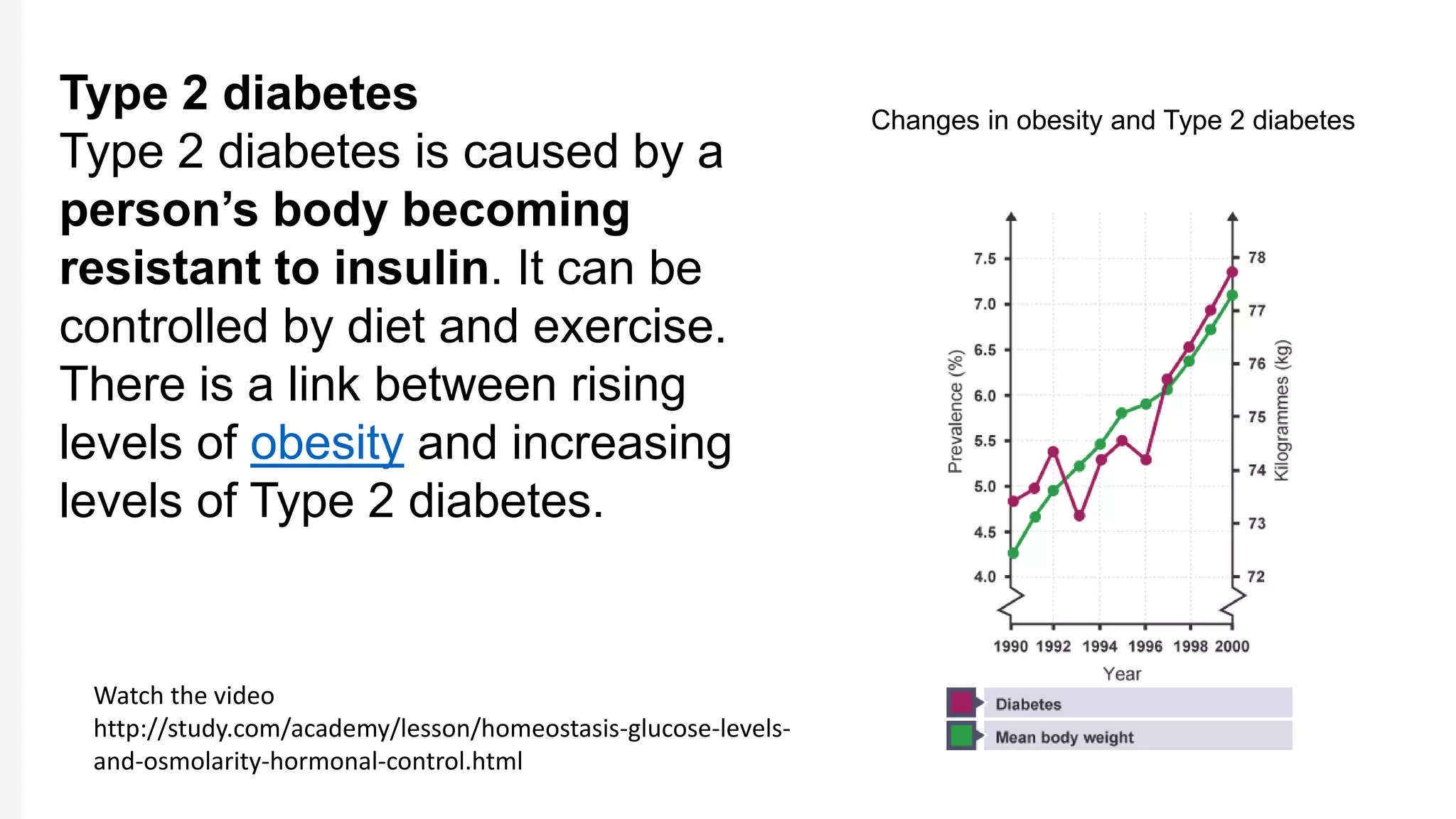 Type 2 diabetes
Type 2 diabetes is caused by a
person’s body becoming
resistant to insulin. It can be
controlled by diet and exercise.
There is a link between rising
levels of obesity and increasing
levels of Type 2 diabetes.
Changes in obesity and Type 2 diabetes
Watch the video
http://study.com/academy/lesson/homeostasis-glucose-levels-
and-osmolarity-hormonal-control.html
 