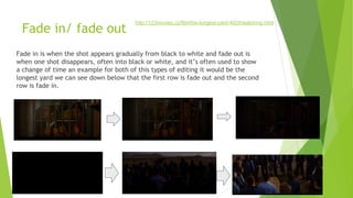 Fade in/ fade out
Fade in is when the shot appears gradually from black to white and fade out is
when one shot disappears, often into black or white, and it’s often used to show
a change of time an example for both of this types of editing it would be the
longest yard we can see down below that the first row is fade out and the second
row is fade in.
http://123movies.cz/film/the-longest-yard-4928/watching.html
 