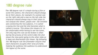 180 degree rule
The 180 degree rule it’s simple during a film or
scene the camera, the characters should always
be at their places, for example if a woman was
on the right side and a man on the left side the
characters should always stay in their place to
not confuse the viewer, passes over the invisible
axis connecting the two subjects, it is called
crossing the line and the shot becomes what is
called a reverse. This allows the viewers to to
be comfortable while having to see the scene,
the only way this rule can be broken is when
during the process of the switch sides the shot
shows the view point going to the other sides so
it does not disorientate the viewer. By following
the 180 degree rule the filmmaker ensures that
each characters occupies their area of frame,
helping the audience the audience to understand
the layout of the scene.
 