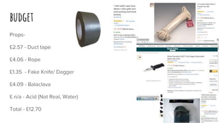 budget
Props-
£2.57 - Duct tape
£4.06 - Rope
£1.35 - Fake Knife/ Dagger
£4.09 - Balaclava
£ n/a - Acid (Not Real, Water)
Total - £12.70
 