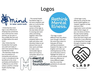 Logos
-I think that the mind
logo is very effective at
showing how sometimes
your mind can be a mess
and this can be seen in
the scribble like font and
scribble before the word
mind.
-Also I think that the
handwritten font works
very well and makes it
look more personal like a
handwritten letter.
-The dark blue shade also
has connotations of
tranquility and calmness
it also is considered to be
beneficial to the mind
and body and therefore it
is effective as one of the
colours used for a mental
health charities logo
colour.
- The mental health
foundation logo is a
lot more simplistic and
plain as it only has the
more interesting
section of the logo as
the two letters M and
H crossing over each
other and linking
together other than
that it is very
simplistic both in the
style and colour and
therefore helps to not
distract from any of
their work and helps
to make a very
memorable logo as
there isn't much to
remember about it as
it isn't over
complicated.
-This logo is quite
different from the others
even though it still uses
the same blue colour to
help give off those
calming connotations
however this logo is a lot
brighter and more eye
catching because of the
use of the blue circle to
highlight the white cut
out letters and this would
look very effective on
many different pages.
Also the circle has
symbolism of unity and
inclusivity.
-I think logo is very
effective by using the two
hands linked together or
‘clasped’ together to help
represent their
organisaton name and also
reflects their slogan of
your not alone as there's
the two hands holding
each other which then
forms the heart shape and
I think this is very effective
at showing there message
through a simplistic image
of hands linking.
 