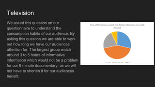 Television
We asked this question on our
questionnaire to understand the
consumption habits of our audience. By
asking this question we are able to work
out how long we have our audiences
attention for. The largest group watch
around 3 to 5 hours of informative
information which would not be a problem
for our 9 minute documentary, as we will
not have to shorten it for our audiences
benefit.
 