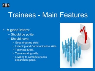 Trainees - Main Features A good intern: Should be polite. Should have: Good dressing style.  Listening and Communication skills. Technical Skills. Team working skills. a willing to contribute to his department goals. 