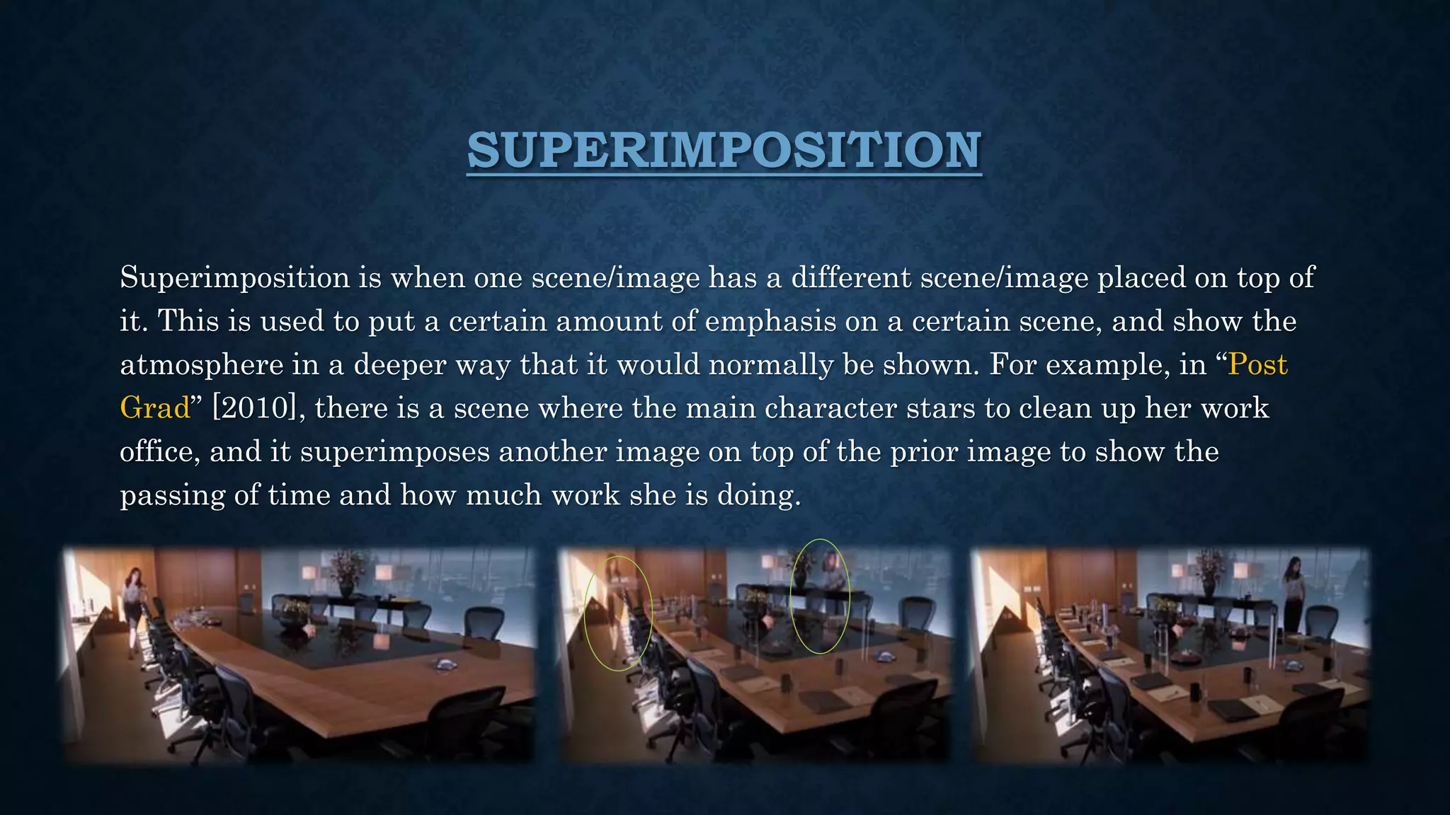 SUPERIMPOSITION
Superimposition is when one scene/image has a different scene/image placed on top of
it. This is used to put a certain amount of emphasis on a certain scene, and show the
atmosphere in a deeper way that it would normally be shown. For example, in “Post
Grad” [2010], there is a scene where the main character stars to clean up her work
office, and it superimposes another image on top of the prior image to show the
passing of time and how much work she is doing.
 