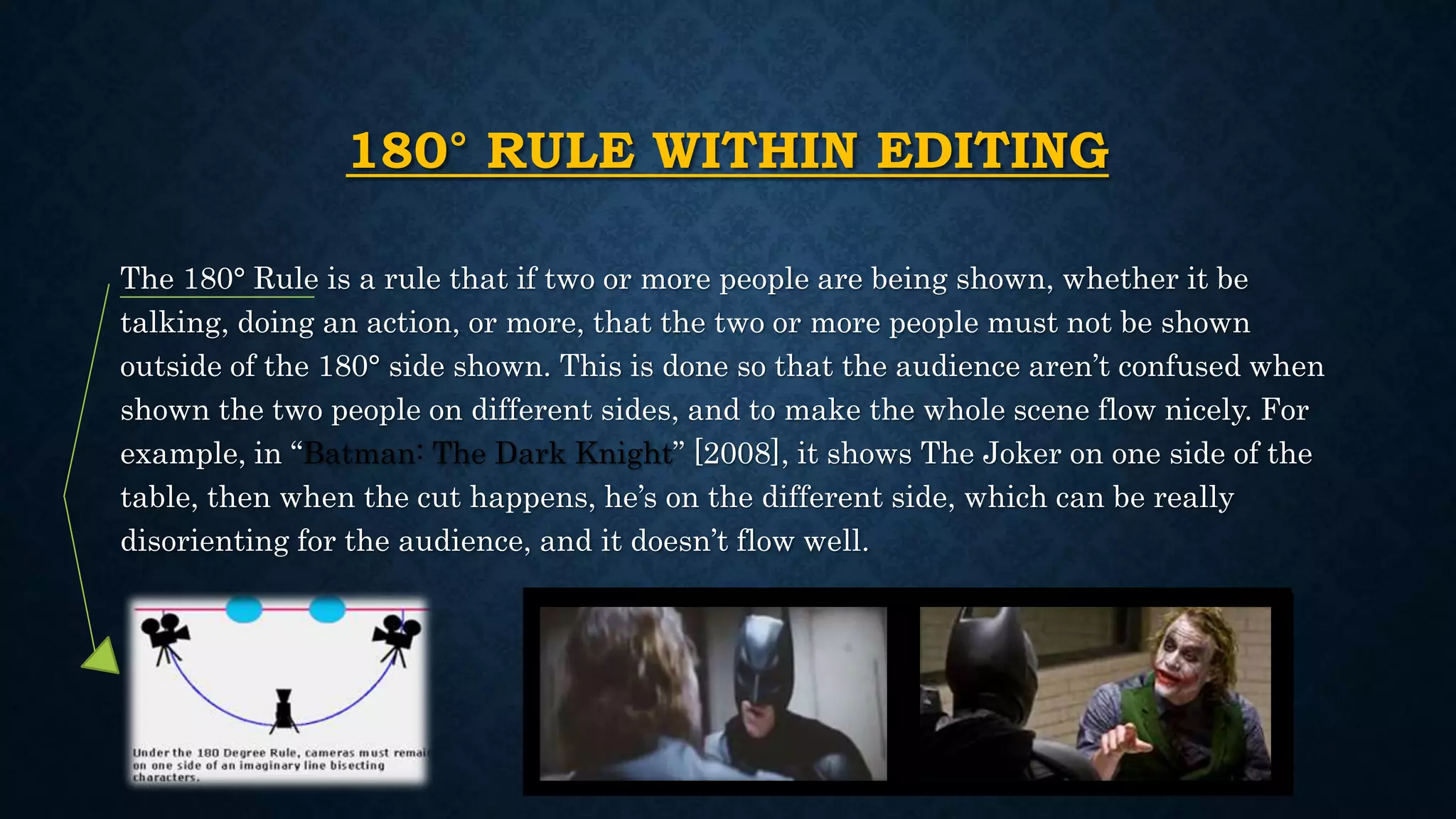 180° RULE WITHIN EDITING
The 180° Rule is a rule that if two or more people are being shown, whether it be
talking, doing an action, or more, that the two or more people must not be shown
outside of the 180° side shown. This is done so that the audience aren’t confused when
shown the two people on different sides, and to make the whole scene flow nicely. For
example, in “Batman: The Dark Knight” [2008], it shows The Joker on one side of the
table, then when the cut happens, he’s on the different side, which can be really
disorienting for the audience, and it doesn’t flow well.
 