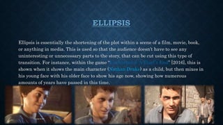ELLIPSIS
Ellipsis is essentially the shortening of the plot within a scene of a film, movie, book,
or anything in media. This is used so that the audience doesn’t have to see any
uninteresting or unnecessary parts to the story, that can be cut using this type of
transition. For instance, within the game “Uncharted 4: A Thief’s End” [2016], this is
shown when it shows the main character (Nathan Drake) as a child, but then mixes in
his young face with his older face to show his age now, showing how numerous
amounts of years have passed in this time.
 