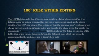 180° RULE WITHIN EDITING
The 180° Rule is a rule that if two or more people are being shown, whether it be
talking, doing an action, or more, that the two or more people must not be shown
outside of the 180° side shown. This is done so that the audience aren’t confused when
shown the two people on different sides, and to make the whole scene flow nicely. For
example, in “Batman: The Dark Knight” [2008], it shows The Joker on one side of the
table, then when the cut happens, he’s on the different side, which can be really
disorienting for the audience, and it doesn’t flow well.
 