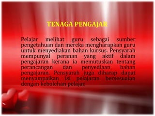 TENAGA PENGAJAR
Pelajar melihat guru sebagai sumber
pengetahuan dan mereka mengharapkan guru
untuk menyediakan bahan kursus. Pensyarah
mempunyai peranan yang aktif dalam
pengajaran kerana ia memutuskan tentang
perancangan dan penyediaan bahan
pengajaran. Pensyarah juga diharap dapat
menyampaikan isi pelajaran bersesuaian
dengan kebolehan pelajar.
 