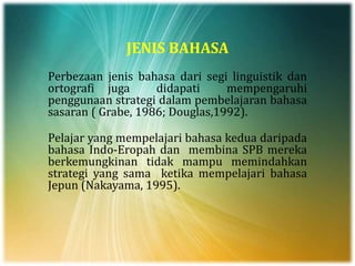 JENIS BAHASA
Perbezaan jenis bahasa dari segi linguistik dan
ortografi juga didapati mempengaruhi
penggunaan strategi dalam pembelajaran bahasa
sasaran ( Grabe, 1986; Douglas,1992).
Pelajar yang mempelajari bahasa kedua daripada
bahasa Indo-Eropah dan membina SPB mereka
berkemungkinan tidak mampu memindahkan
strategi yang sama ketika mempelajari bahasa
Jepun (Nakayama, 1995).
 