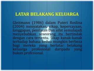 LATAR BELAKANG KELUARGA
Gleitmann (1986) dalam Puteri Roslina
(2004) menyatakan, sikap, kepercayaan,
tanggapan, penilaian dan sifat semulajadi
menyebabkan seseorang itu bertindak
dengan cara tertentu. Sikap kanak-kanak
terhadap bahasa kedua mungkin berbeza
bagi mereka yang berlatar belakang
keluarga profesional daripada yang
bukan profesional.
 