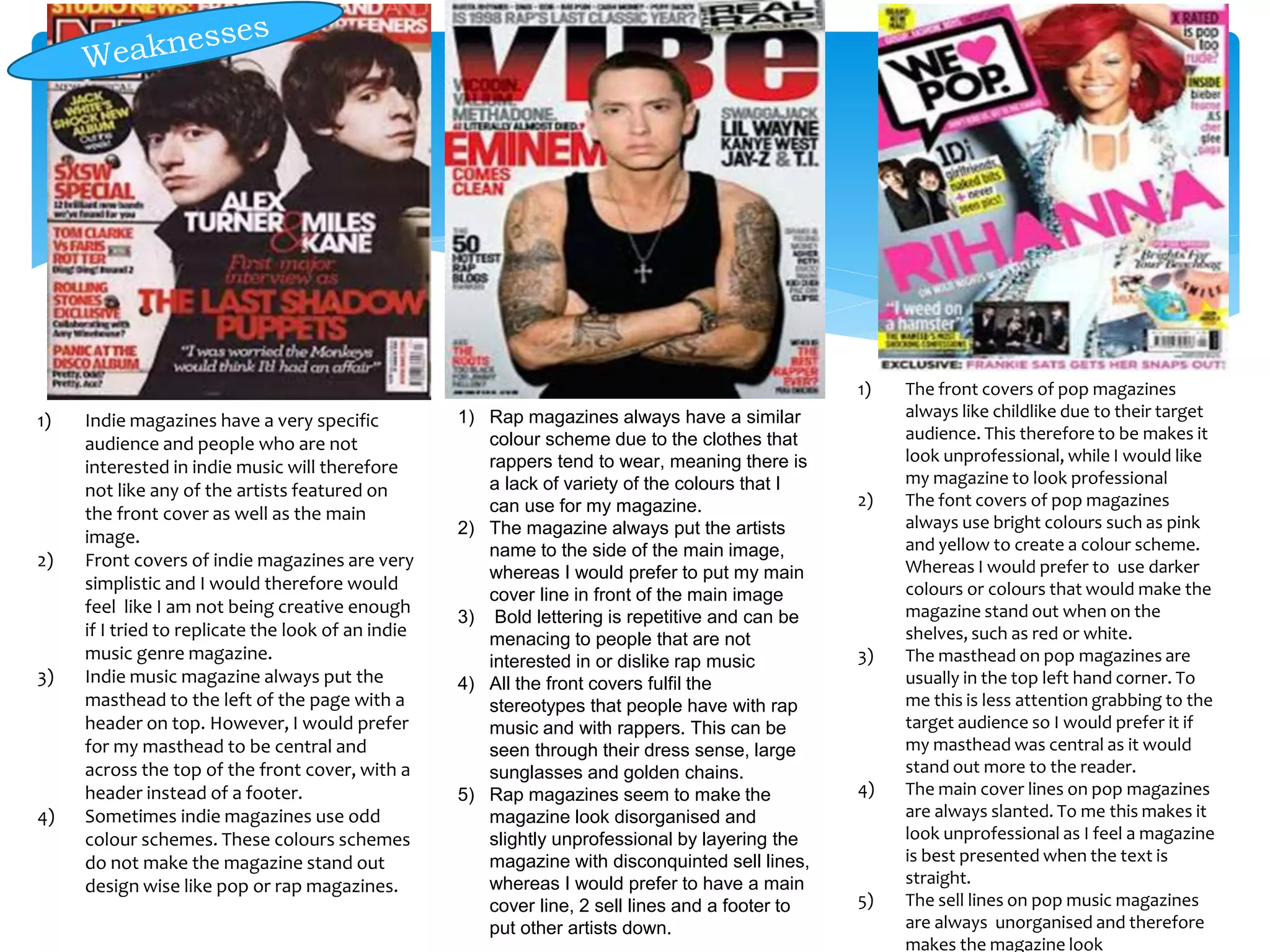 1) Rap magazines always have a similar
colour scheme due to the clothes that
rappers tend to wear, meaning there is
a lack of variety of the colours that I
can use for my magazine.
2) The magazine always put the artists
name to the side of the main image,
whereas I would prefer to put my main
cover line in front of the main image
3) Bold lettering is repetitive and can be
menacing to people that are not
interested in or dislike rap music
4) All the front covers fulfil the
stereotypes that people have with rap
music and with rappers. This can be
seen through their dress sense, large
sunglasses and golden chains.
5) Rap magazines seem to make the
magazine look disorganised and
slightly unprofessional by layering the
magazine with disconquinted sell lines,
whereas I would prefer to have a main
cover line, 2 sell lines and a footer to
put other artists down.
1) Indie magazines have a very specific
audience and people who are not
interested in indie music will therefore
not like any of the artists featured on
the front cover as well as the main
image.
2) Front covers of indie magazines are very
simplistic and I would therefore would
feel like I am not being creative enough
if I tried to replicate the look of an indie
music genre magazine.
3) Indie music magazine always put the
masthead to the left of the page with a
header on top. However, I would prefer
for my masthead to be central and
across the top of the front cover, with a
header instead of a footer.
4) Sometimes indie magazines use odd
colour schemes. These colours schemes
do not make the magazine stand out
design wise like pop or rap magazines.
1) The front covers of pop magazines
always like childlike due to their target
audience. This therefore to be makes it
look unprofessional, while I would like
my magazine to look professional
2) The font covers of pop magazines
always use bright colours such as pink
and yellow to create a colour scheme.
Whereas I would prefer to use darker
colours or colours that would make the
magazine stand out when on the
shelves, such as red or white.
3) The masthead on pop magazines are
usually in the top left hand corner. To
me this is less attention grabbing to the
target audience so I would prefer it if
my masthead was central as it would
stand out more to the reader.
4) The main cover lines on pop magazines
are always slanted. To me this makes it
look unprofessional as I feel a magazine
is best presented when the text is
straight.
5) The sell lines on pop music magazines
are always unorganised and therefore
makes the magazine look
 
