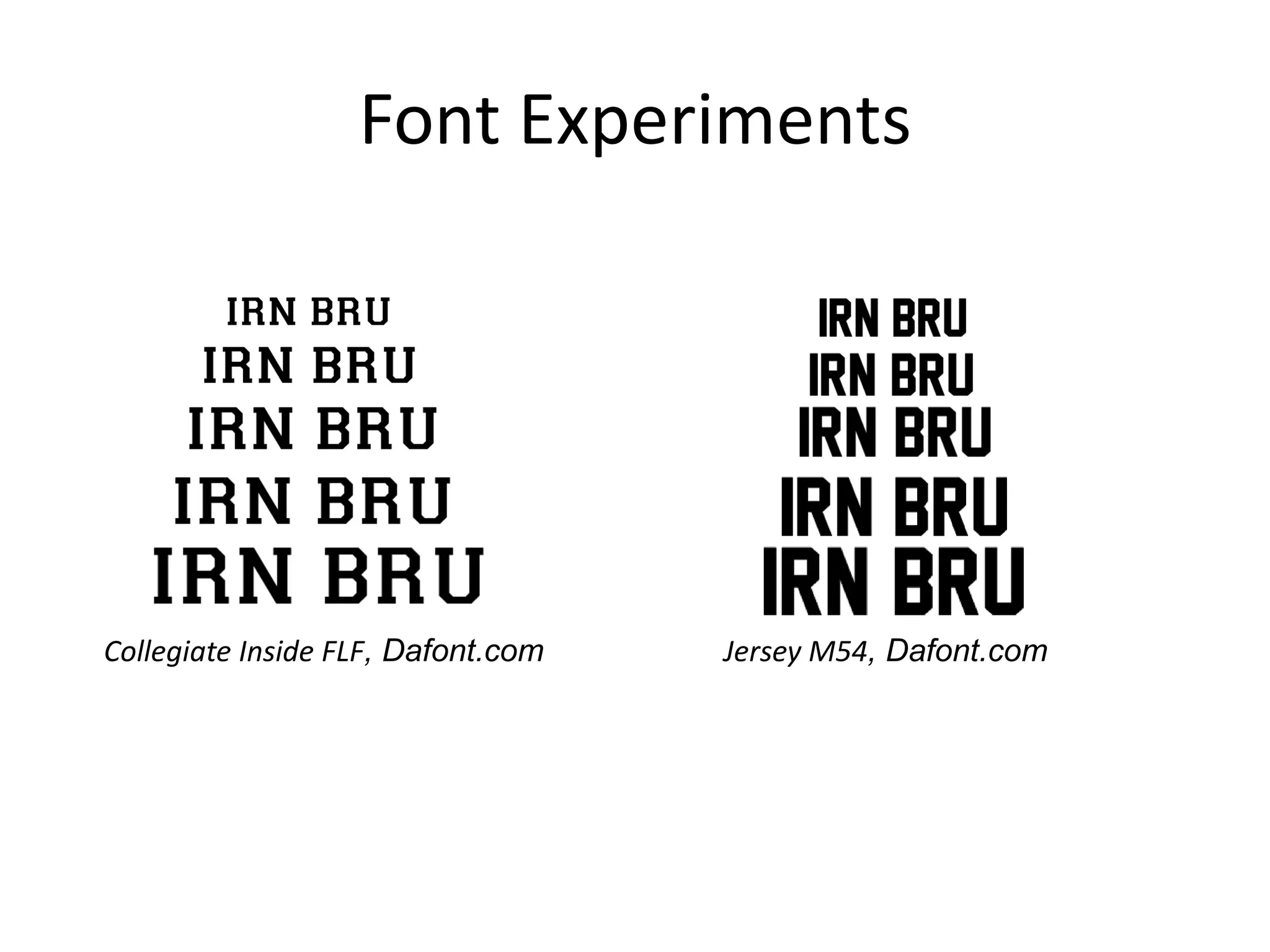 Font Experiments

Collegiate Inside FLF, Dafont.com

Jersey M54, Dafont.com

 