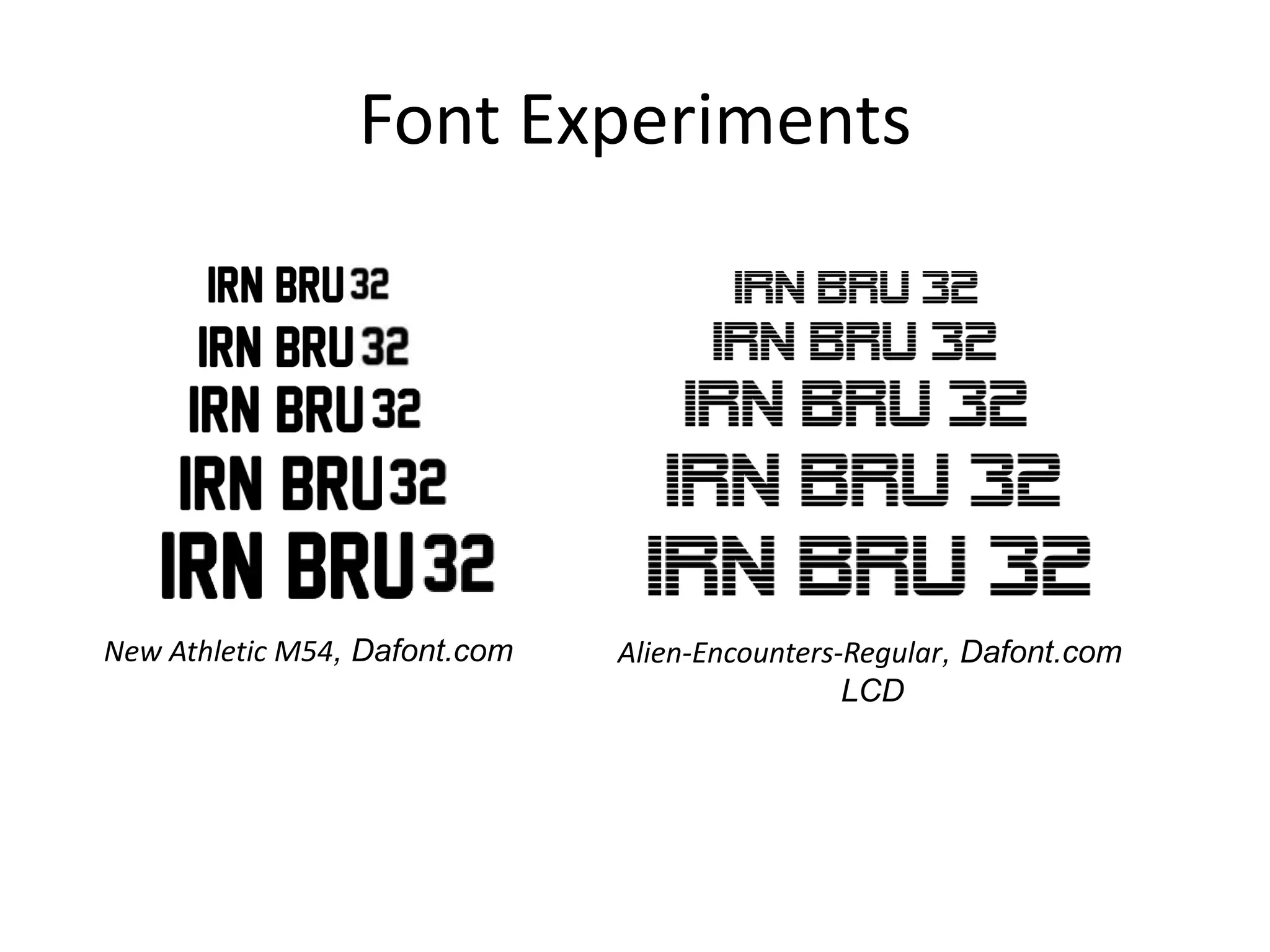 Font Experiments

New Athletic M54, Dafont.com

Alien-Encounters-Regular, Dafont.com
LCD

 