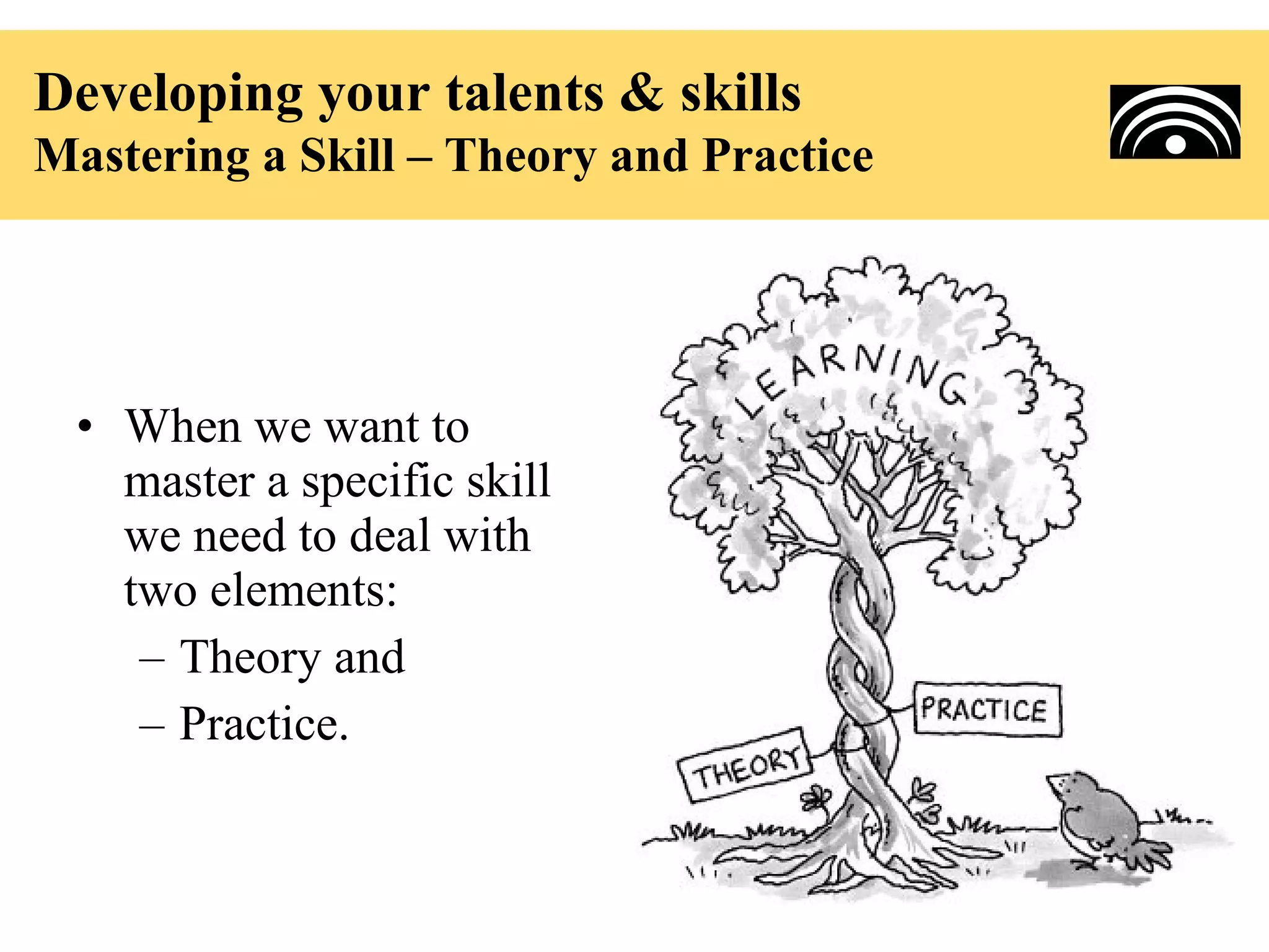 Developing your talents & skills
Mastering a Skill – Theory and Practice




 • When we want to
   master a specific skill
   we need to deal with
   two elements:
    – Theory and
    – Practice.
 