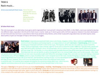 TASK 6
Rock music…
Artists associated with Rock music; Pierce The Veil
Sleeping With Sirens
Bring Me The Horizon
Slipknot
Asking Alexandria All Time Low
Black Veil Brides
Green Day Fall Out Boy The Pretty Reckless You Me At Six
All about Rock music.
The rock music genre is an alternative music genre which originated from ‘rock and roll’ in America in the 1950’s. In the 1960’s, rock music started to develop
into different styles, especially in the UK and US. Rock music is mainly made up of electric guitar with a 4/4 time signature, however it has been developed a
lot over time and now rock music is very diverse. Rock music presents many themes, some similar to pop with songs about love, but other express views
about politics or give out messages of hope or tell stories of struggles.
Rock Fashion is typically associated with dark colours and chunky, shapeless clothes. More traditional rock fashion also
consists of a lot of bandanas and having long hair, as a typical dance to do with rock music is head-banging, which involves
throwing your head back and forth in time to the music. The long hair, which was also very wide too, was to match this.
Today, mainly young people, male or female, aged 12-15 are seen to have the modern rock look. Typically today, people will
wear dark skinny jeans and band t-shirts. For young males, this isn’t obvious as they just wear darker clothes and typically
will have longer hair. For females, it is more obvious and noticeable because they will be wearing much heavier makeup, such
thick black eye liner and red lipstick, as well as having dark hair or an unusual bright colour such as red or purple.. Also, black
nail varnish and wristbands/bracelets are seen worn excessively on girls who follow the stereotype strongly. Also, some who are very into making a statement
in this fashion area, will wear chokers, which is a type of necklace that is worn wrapped close to the neck, instead of hanging as a necklace does. Having a
heavy fringe flicked over to one side across the face, and sometimes covering one eye, is a very stereotypical hairstyle of both males and females who into
this type of music. However, this is not true of all people who listen to this music because many choose
to avoid the look. This could be due to people dressing like this sometimes being called ‘emo’, which has very
negative connotations due to the lyrics of songs and the actions of very few who listen to this music.
The types of dancing for this genre of music are mainly head banging or moshing. Head banging involves the listener to aggressively throw their heads back
and forth in time with the tune or the beat of the song. Moshing involves when people are at a concert for these kinds of artists, they jump around and make
a point of crashing amongst each other, again in time to the music. Circle pits are also commonly seen at rock concerts, which involved listeners running in a
circle created in the crown with other in time to the music. This can be dangerous but is very popular.
 