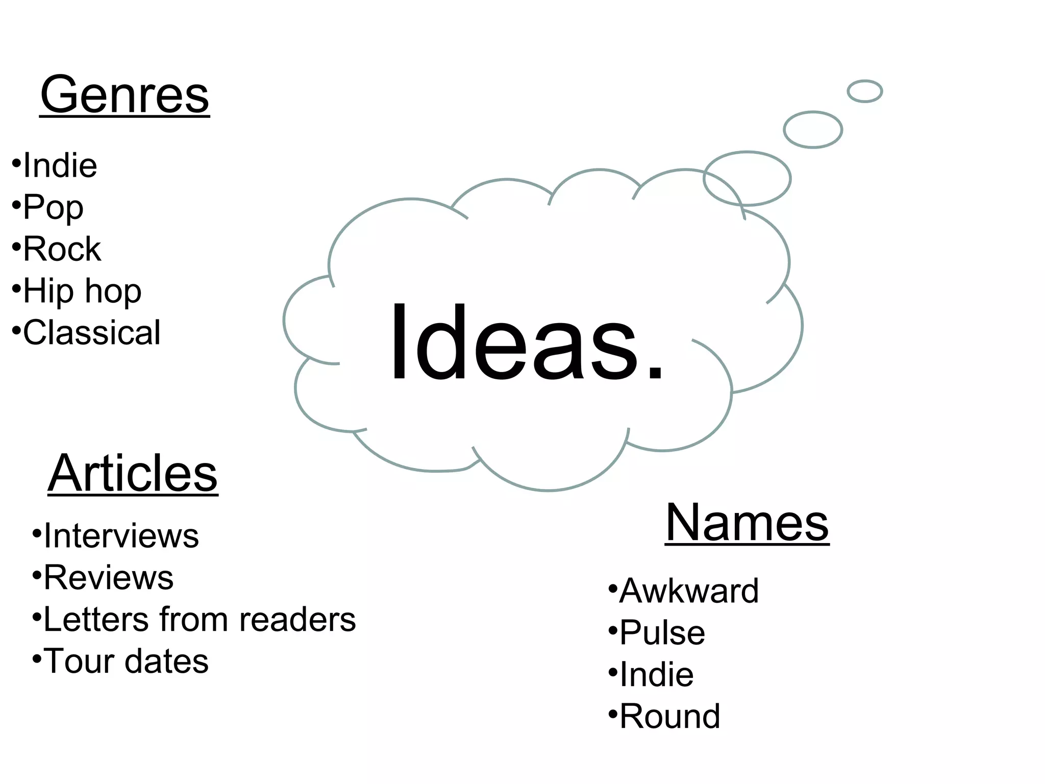 Ideas. Genres Indie Pop Rock Hip hop Classical Articles Interviews Reviews Letters from readers Tour dates Names Awkward Pulse Indie Round 