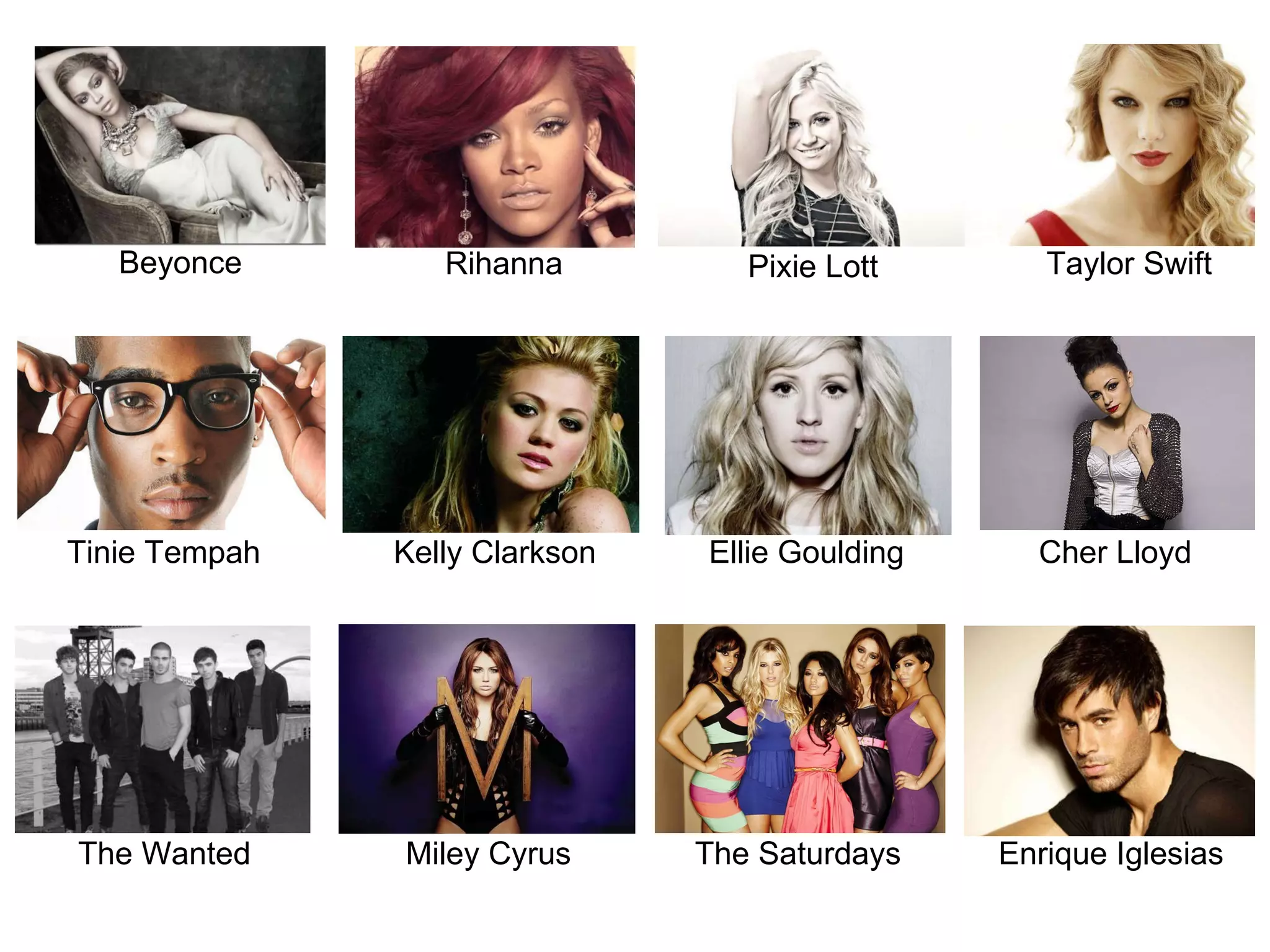 Beyonce Rihanna Pixie Lott Taylor Swift Tinie Tempah Kelly Clarkson Ellie Goulding Cher Lloyd The Wanted Miley Cyrus The Saturdays Enrique Iglesias 