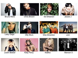 Bruno Mars Chris Brown Ed Sheeran Jessie J  Lady Gaga Olly Murs One Direction JLS Justin Bieber Katy Perry  Ke$ha Maroon 5 