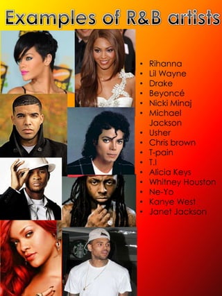 •   Rihanna
•   Lil Wayne
•   Drake
•   Beyoncé
•   Nicki Minaj
•   Michael
    Jackson
•   Usher
•   Chris brown
•   T-pain
•   T.I
•   Alicia Keys
•   Whitney Houston
•   Ne-Yo
•   Kanye West
•   Janet Jackson
 