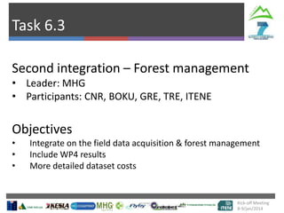 Task 6.3
Second integration – Forest management
• Leader: MHG
• Participants: CNR, BOKU, GRE, TRE, ITENE

Objectives
•
•
•

Integrate on the field data acquisition & forest management
Include WP4 results
More detailed dataset costs

Kick-off Meeting
8-9/jan/2014

 