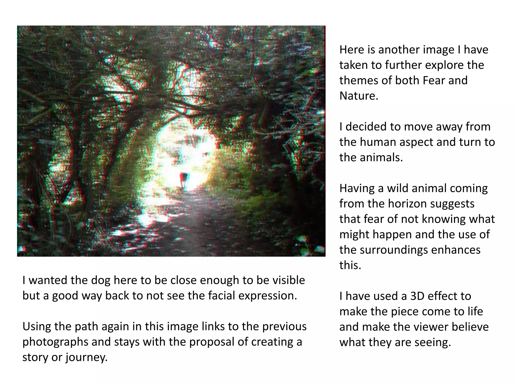Here is another image I have 
taken to further explore the 
themes of both Fear and 
Nature. 
I decided to move away from 
the human aspect and turn to 
the animals. 
Having a wild animal coming 
from the horizon suggests 
that fear of not knowing what 
might happen and the use of 
the surroundings enhances 
this. 
I have used a 3D effect to 
make the piece come to life 
and make the viewer believe 
what they are seeing. 
I wanted the dog here to be close enough to be visible 
but a good way back to not see the facial expression. 
Using the path again in this image links to the previous 
photographs and stays with the proposal of creating a 
story or journey. 
 